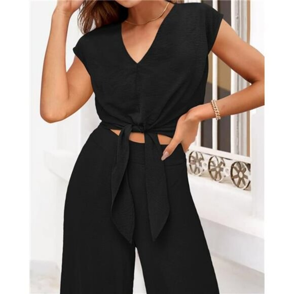 PRETTYGARDEN 2 Piece V Neck Crop Top Wide Leg Pant Set Summer Outfit Women - Picture 4 of 7